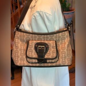 ETIENNE AIGNER Signature Logo Tan With Dark Brown Trim Shoulder Strap Bag